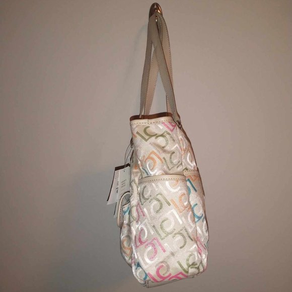 NWT Liz Claiborne Handbag, khaki with multi color LC's, - Picture 4 of 16